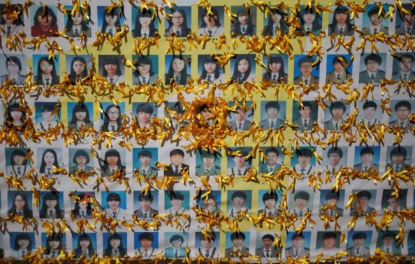 Portraits of students who died in the mid-April Sewol ferry disaster, decorated by yellow ribbons dedicated to the victims, are pictured in central Seoul